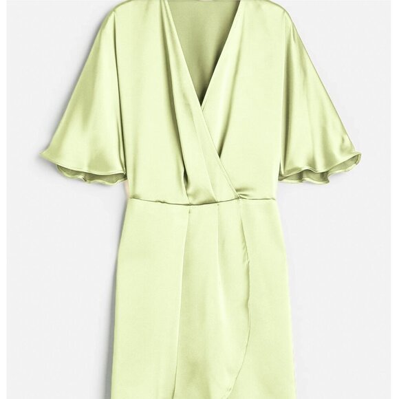 H&M Satin Wrap-Front Mini Dress Recycled Polyester Lime Green-Yellow Sz S - NWT - Picture 2 of 8